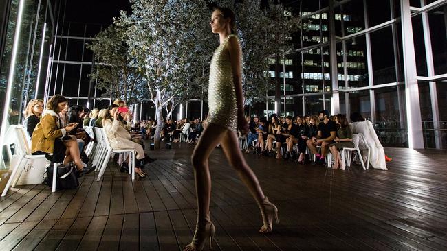 A model walks the runway during the Dion Lee show at Bloomberg Building. Picture: Caroline McCredie/Getty Images