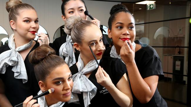 Zoey Dennis, Olivia Jamieson, Anya Liu, Kimberley Froome and Charisse Cowburn are excited about the opening of The French Beauty Academy in the Brisbane CBD today. Picture: David Clark