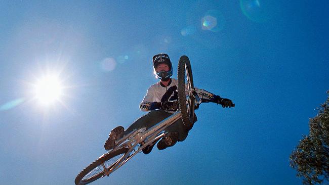 BMX state title being held over the weekend at the Liverpool BMX Club track. A flying Ty Halliday — 18yo of Camden does some practice on the track before the event. 3/10/02 Picture: Dean Marzolla