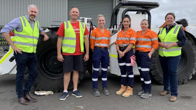 (From left to right) Queensland Labor Senator Anthony Chisholm, Labor Dawson candidate Shane Hamilton, Aimee Sheppard, Jaydene Callaway and Karra Meads and opposition resources Minister Madeleine King at Mackay's Resources Centre of Excellence on May 9. Picture: Duncan Evans