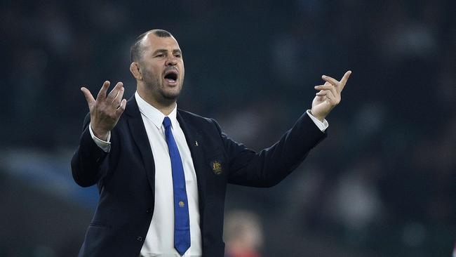 Australia's head coach Michael Cheika reacts prior to a Pool A match of the 2015 Rugby World Cup between England and Australia at Twickenham stadium, south west London, on October 3, 2015. AFP PHOTO / MARTIN BUREAU RESTRICTED TO EDITORIAL USE, NO USE IN LIVE MATCH TRACKING SERVICES, TO BE USED AS NON-SEQUENTIAL STILLS