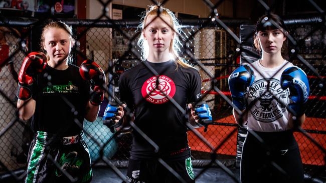 MMA fighters Michaela Curran, Tahlia Graetz and Nina Cuckovic, MMA fighters at Cardioflex MMA Gym, Pooraka. Picture by Matt Turner.