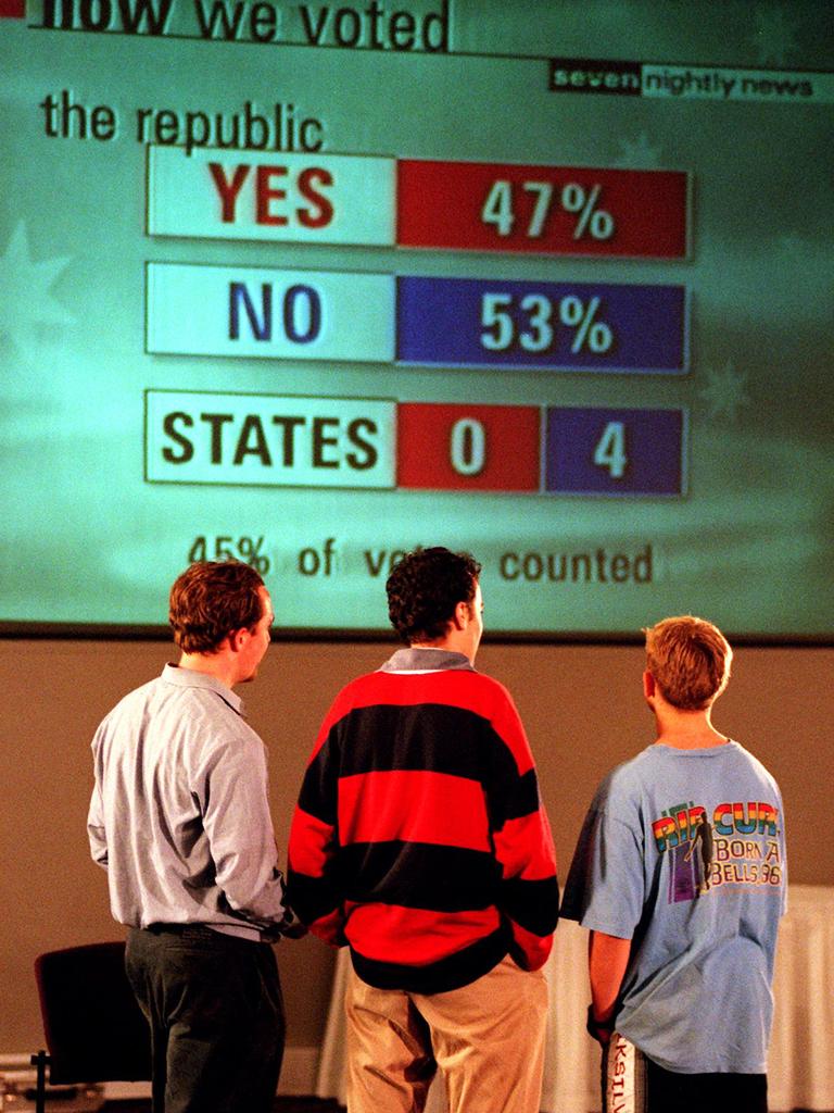 “No” supporters watch as the republic referendum results come in 1999. Picture: Adam Hollingworth