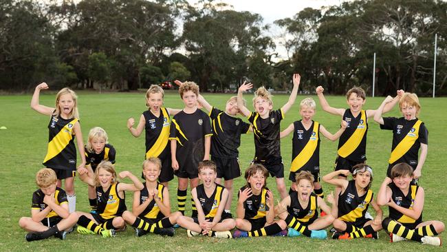 Torquay Hayward under-9 football team pull their funniest faces. Picture: Alison Wynd