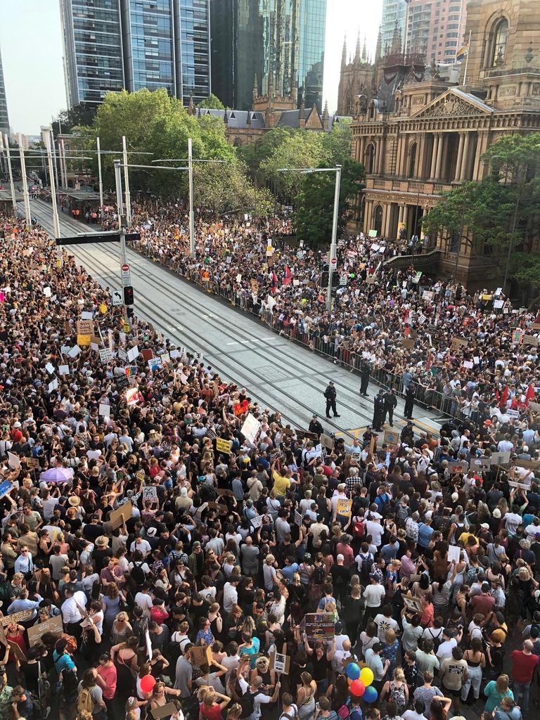 Crowds gather to rally for climate action at Sydney Town Hall on January 10, 2020 in Sydney, Australia. Picture: Nicholas Eagar