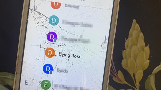 Notes and a contact called 'Dying Rose' found inside a phone that was hidden at the house where Rose Hunter-Hebberman died. Picture: Emily Olle