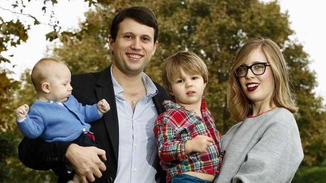 Mr Hughes with his family Teddy, Harry and wife Kate Hughes. Picture: John Appleyard