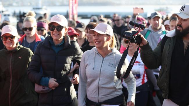 Carrie Bickmore (second from left) begins the 2019 Point to Pinnacle walk. Picture: LUKE BOWDEN