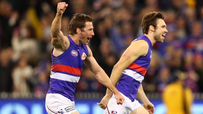 Dale Morris and Joel Hamling celebrate at the final siren. Picture: Getty Images