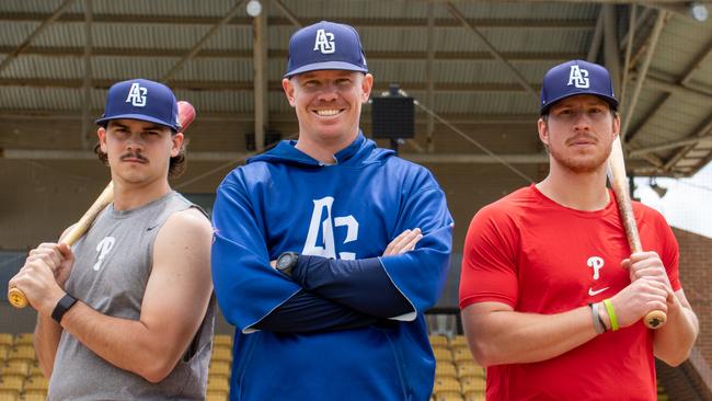 Outfielder Jared Carr, head coach Chris Adamson and catcher Anthony Quirion are aiming to take the Adelaide Giants to the top of the ABL this year. Picture: Gavin Karjalainen / Adelaide Giants