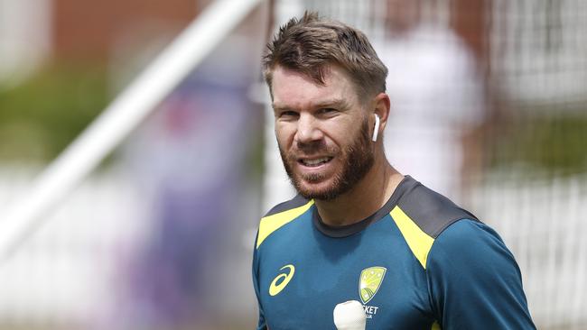 LONDON, ENGLAND - AUGUST 11: Australian cricketer David Warner looks on during The Australia Net Session at Lord's Cricket Ground on August 11, 2019 in London, England. (Photo by Luke Walker/Getty Images)