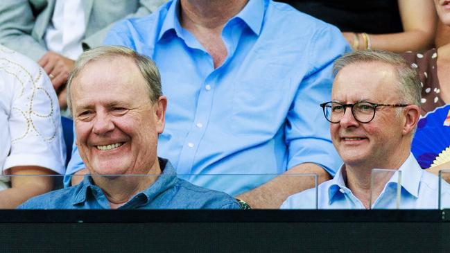 Former treasurer of Australia Peter Costello with Prime Minister Anthony Albanese during the match between Aryna Sabalenka and Elena Rybalenka Picture: Tennis Australia/ AARON FRANCIS