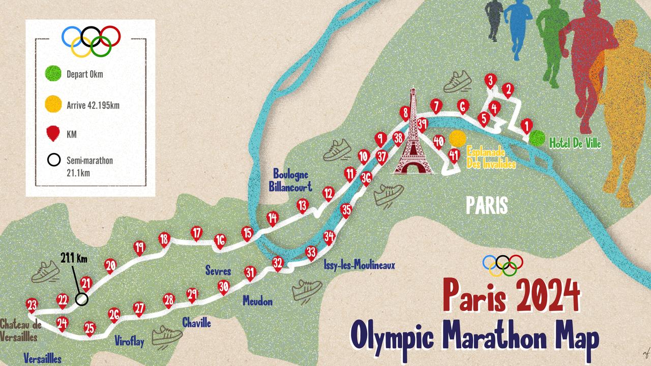 Athletes will run along the River Seine and past the Eiffel Tower during the Paris Olympic marathon. Picture: Abi Fraser