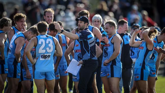 Sturt coach Marty Mattner addresses his players, including AFL draft prospect Shane McAdam, during the club’s clash against West Adelaide this season. Picture Matt Turner.