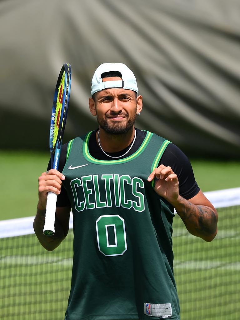 Nick Kyrgios was in a cheery mood as he practised this morning. (Photo by Shaun Botterill/Getty Images)