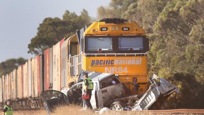 Emergency services at the scene of a serious crash, just south of Mallala, after a train collided with a car. Picture: Dean Martin