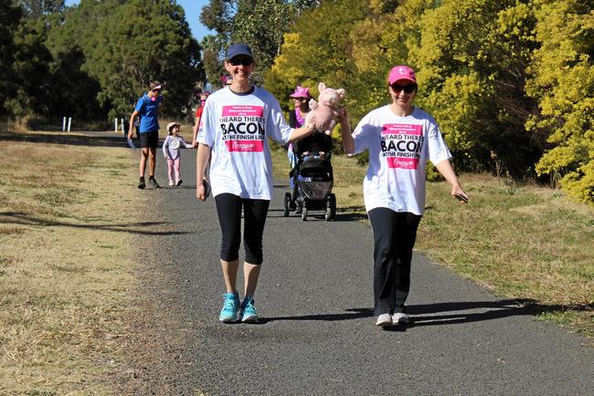 Catherine Harch and Jemma Ryan getting into the spirit on the rail trail for the Rasher Run 2019 event. Picture: Laura Blackmore