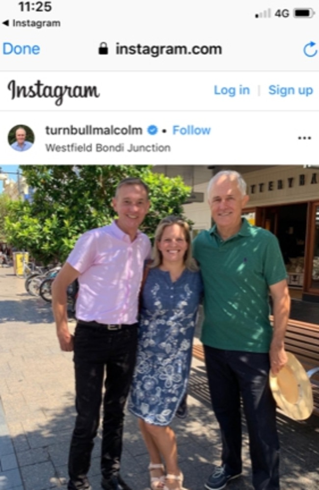 Malcolm Turnbull (right) and daughter Daisy joined Bruce Notley-Smith on the hustings at Coogee. Picture: Instagram