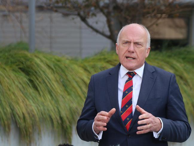 Transport Minister Eric Abetz speaks to the media at Parliament Square in Hobart on Thursday, August 15, 2024.