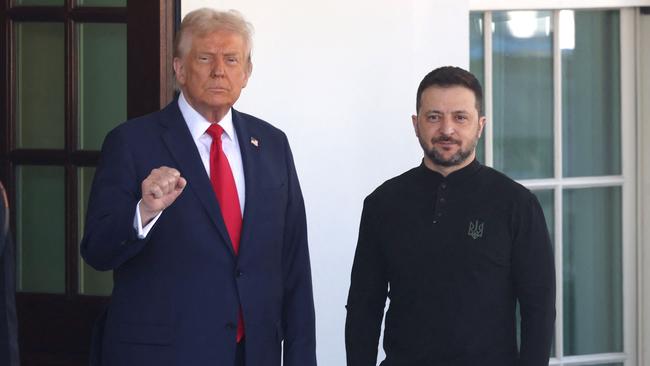 Donald Trump greets Ukraine's President Volodymyr Zelensky as he arrives at the White House before their Oval Office blow-up. Picture: AFP.