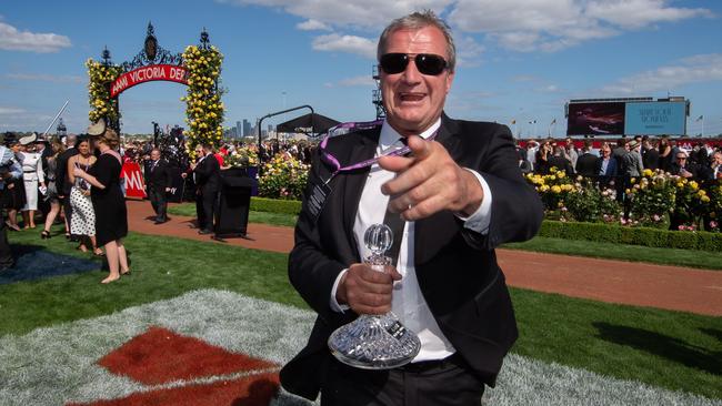 Darren Weir celebrates a victory on Derby Day, 2018. Picture: Jay Town