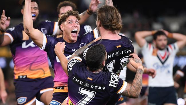 NRL 2023 RD22 Brisbane Broncos v Sydney Roosters - Reece Walsh Patrick Carrigan, First Try Celebration NRL PHOTOS