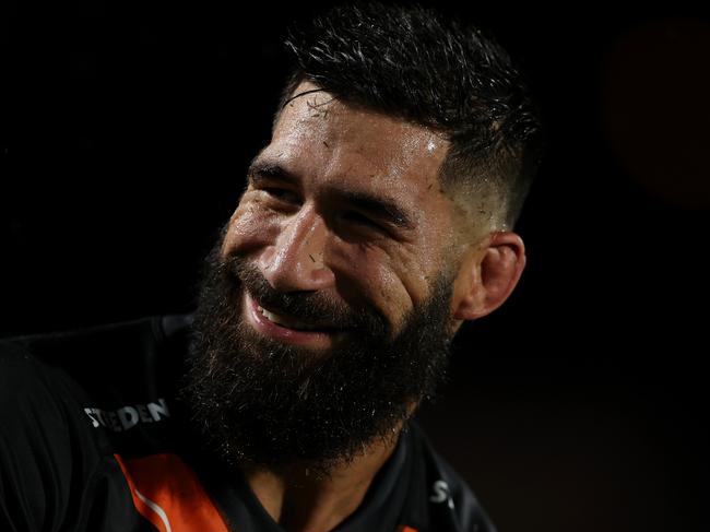 GOSFORD, AUSTRALIA - FEBRUARY 25: James Tamou of the Tigers looks on during the NRL Trial Match between the Sydney Roosters and the Wests Tigers at Central Coast Stadium on February 25, 2022 in Gosford, Australia. (Photo by Ashley Feder/Getty Images)