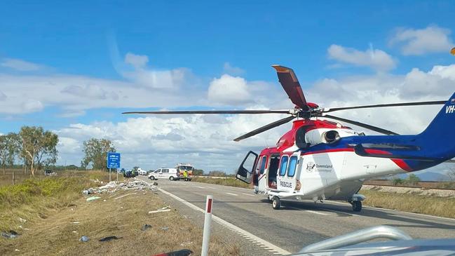30/06/2024: A rescue helicopter at the scene of a bus crash north of Bowen, Queensland. A tour bus with 33 people on board and a car towing a caravan collided near Gumlu, south of Townsville, just after 11am on Sunday. Picture: Instagram