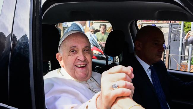 The Pope leaves Rome’s Gemelli hospital on Saturday. Picture: AFP