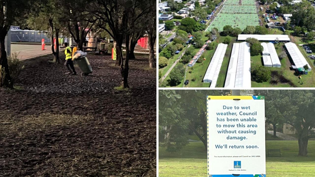 (Clockwise from top left) Large sections of public park were left a muddy mess; temporary marquees at the site; a Council sign saying Faulkner Park was too wet to mow.