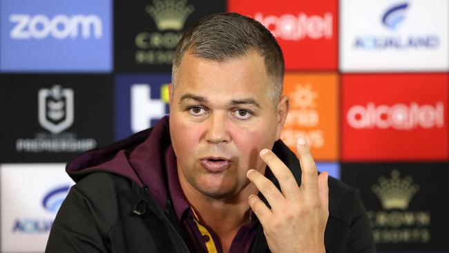 SYDNEY, AUSTRALIA - AUGUST 07: Broncos coach Anthony Seibold speaks to the media at a press conference following the round 13 NRL match between the South Sydney Rabbitohs and the Brisbane Broncos at ANZ Stadium on August 07, 2020 in Sydney, Australia. (Photo by Mark Kolbe/Getty Images)