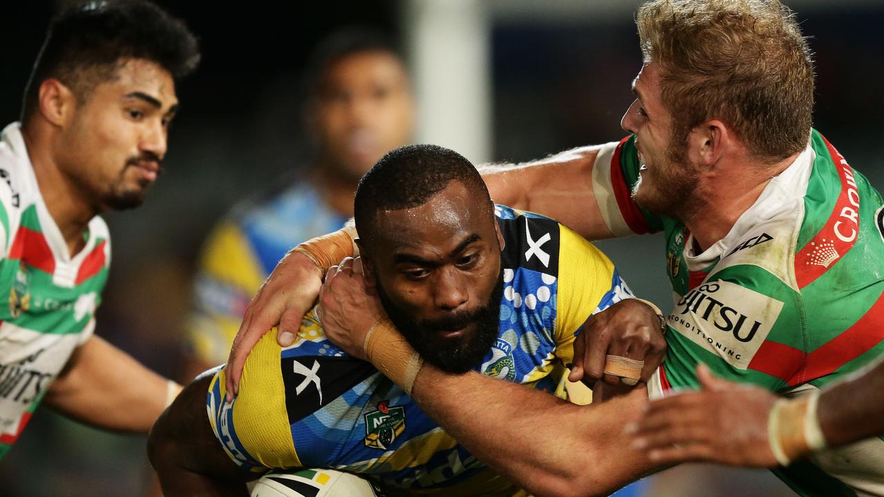 Parramatta's Semi Radradra is tackled during the Eels v South Sydney game