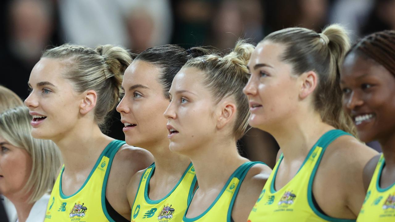 The Diamonds sing the anthem before one of their Constellation Cup matches.