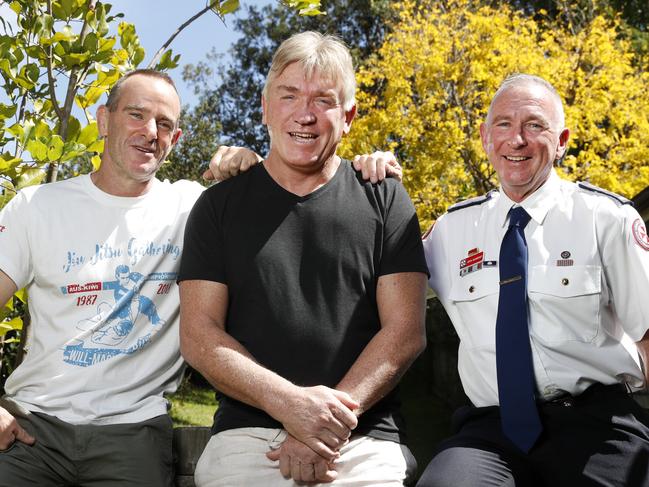 Balmain legend Garry Jack was brought back to life after suffering a cardiac arrest. Friend of 20 years Simon Farnsworth (left) performed CPR before paramedics including Kevin McSweeney (right) arrived. Picture: Jonathan Ng