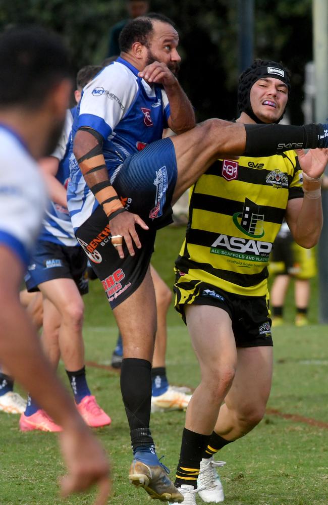 Townsville A Grade rugby league game between Centrals and Western Lions at Townsville Sports Reserve. Lions Addo Waianga and Centrals Maverick Pegoraro. . Picture: Evan Morgan