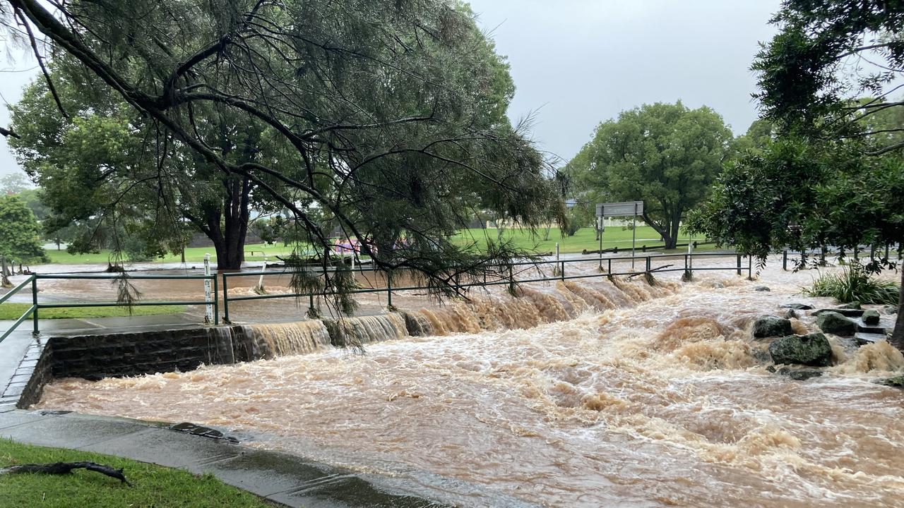 A large volume of water was flowing through East Creek at 1pm, February 25, 2022.