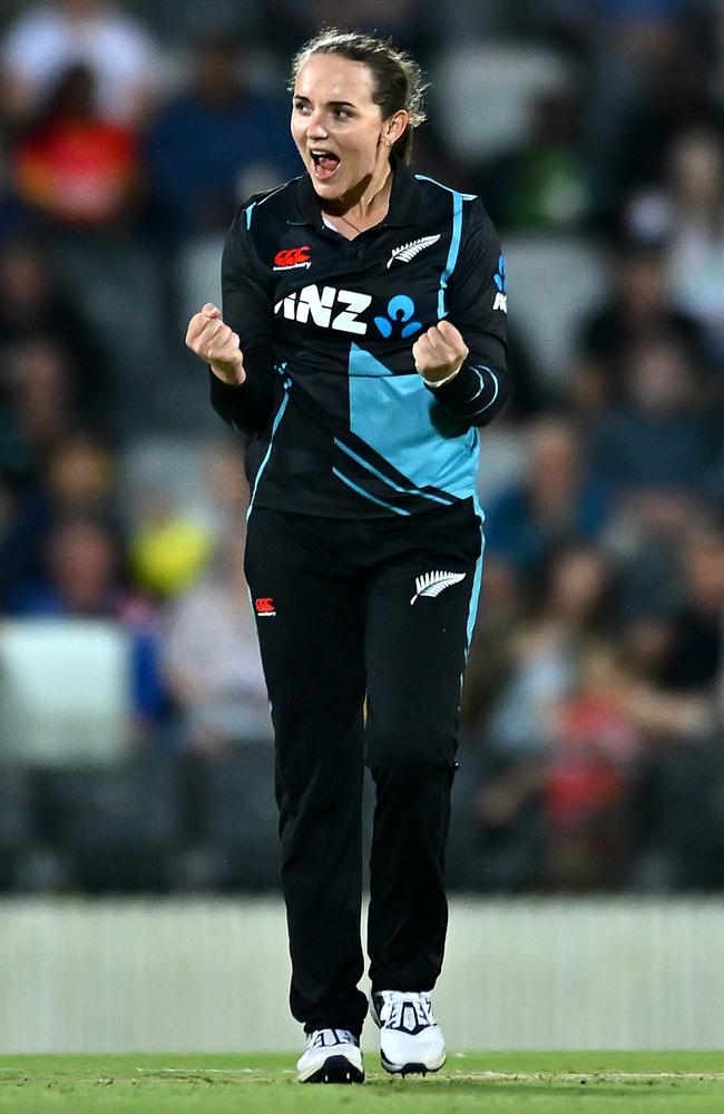 Amelia Kerr celebrates the dismissal of Ash Gardner of Australia during game two of the Women's T20 International Series between Australia and New Zealand. (Photo by Albert Perez/Getty Images)