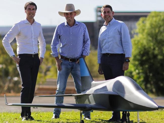 Then state development minister Cameron Dick (right) announces the facility with Cloncurry Mayor Greg Campbell (centre) and Boeing senior manager (experimentation) Rob Hargrave