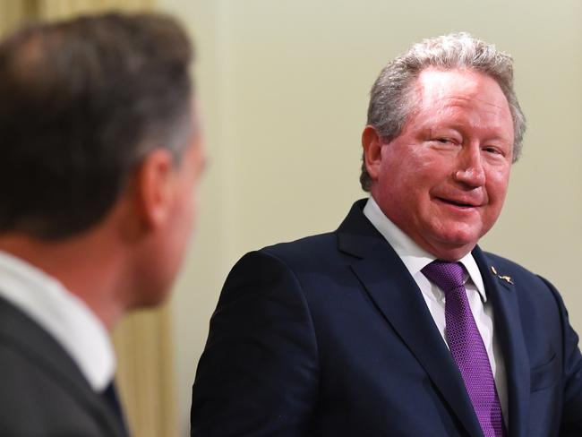 Andrew Forrest addresses the media with Health Minister Greg Hunt this week.