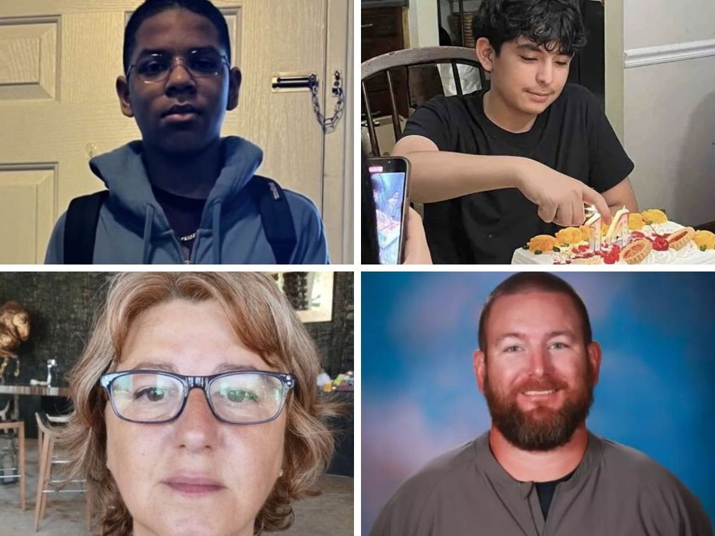 The four Georgia victims, from top left to bottom right: Mason Schermerhorn, 14, Christian Angulo, 14, Christina Irimie, 53 and Richard Aspinwall, 39