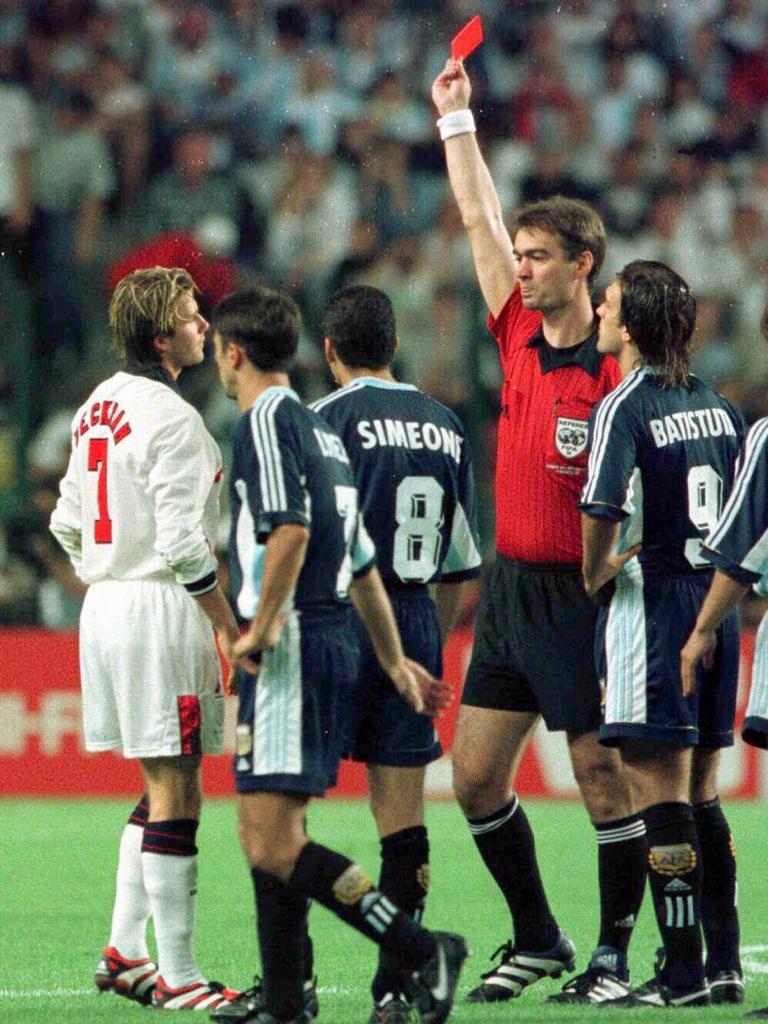 Player David Beckham given red card vs Argentina at World Cup.