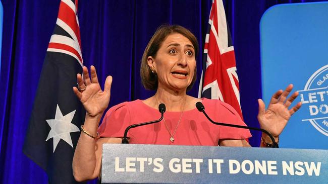 New South Wales Liberal leader Gladys Berejiklian celebrates the NSW Liberal party win of the 2019 New South Wales Election at the Sofitel Sydney Wentworth, in Sydney, Saturday, 23 March 2019. The NSW Coalition government led by Gladys Berejiklian has been returned to power for a third term in NSW following Saturday's election. Picture: MICK TSIKAS