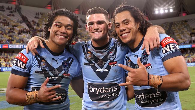 Panthers stars Brian To'o, Jerome Luai and Nathan Cleary after the NSW victory. Picture: Mark Kolbe/Getty Images