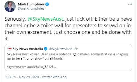 The now-deleted tweet by ABC comedian Mark Humphries.