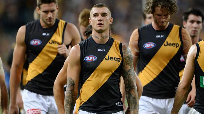 SPORT - AFL, West Coast Eagles vs Richmond Tigers, Subiaco Oval, Perth. Photo by Daniel Wilkins. PICTURED- Richmond's Dustin Martin can't hide his frustration after the loss, as he leaves the ground