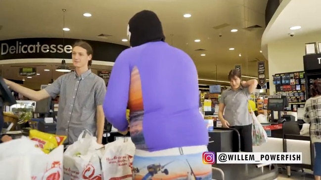 Social media influencer Willem Powerfish buys groceries for strangers at Murwillumbah IGA with $5000 cash.