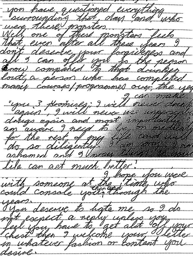 Part of “John’s” letter to the family of the man he killed. Picture: Supplied