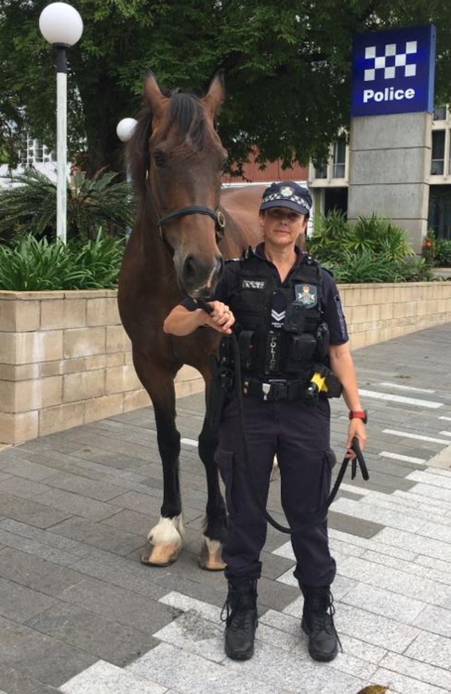 Mounted police from Brisbane join TC Kirrily effort. Popeye with Senior Constable Teamille McKenzie. Picture: Evan Morgan