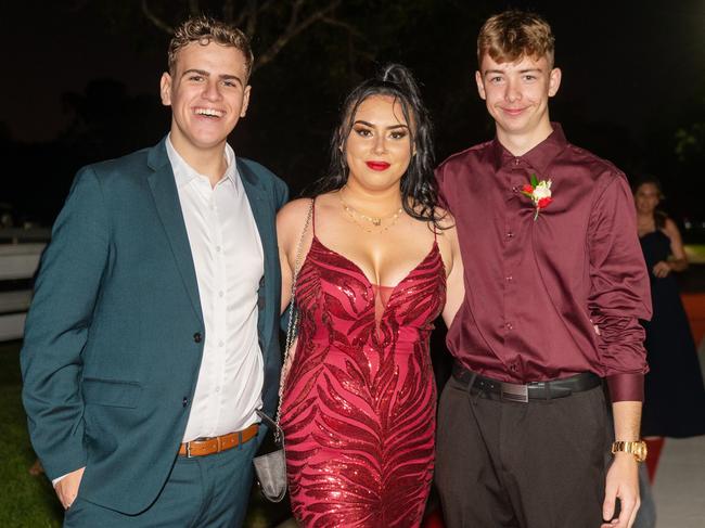 Tyler Hamilton, Talai Sabatino and Lucas Docherty at Mackay State High School formal 2022.Picture: Michaela Harlow