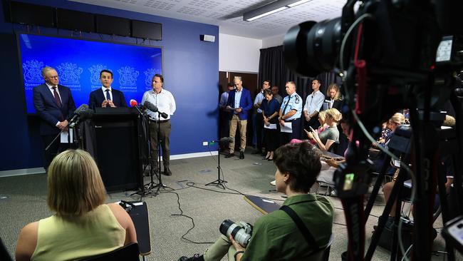 Premier of Queensland David Crisafulli, Prime Minister Anthony Albanese and Lord Mayor Schrinner speak at the Kedron Emergency Services Complex. Pics Adam Head